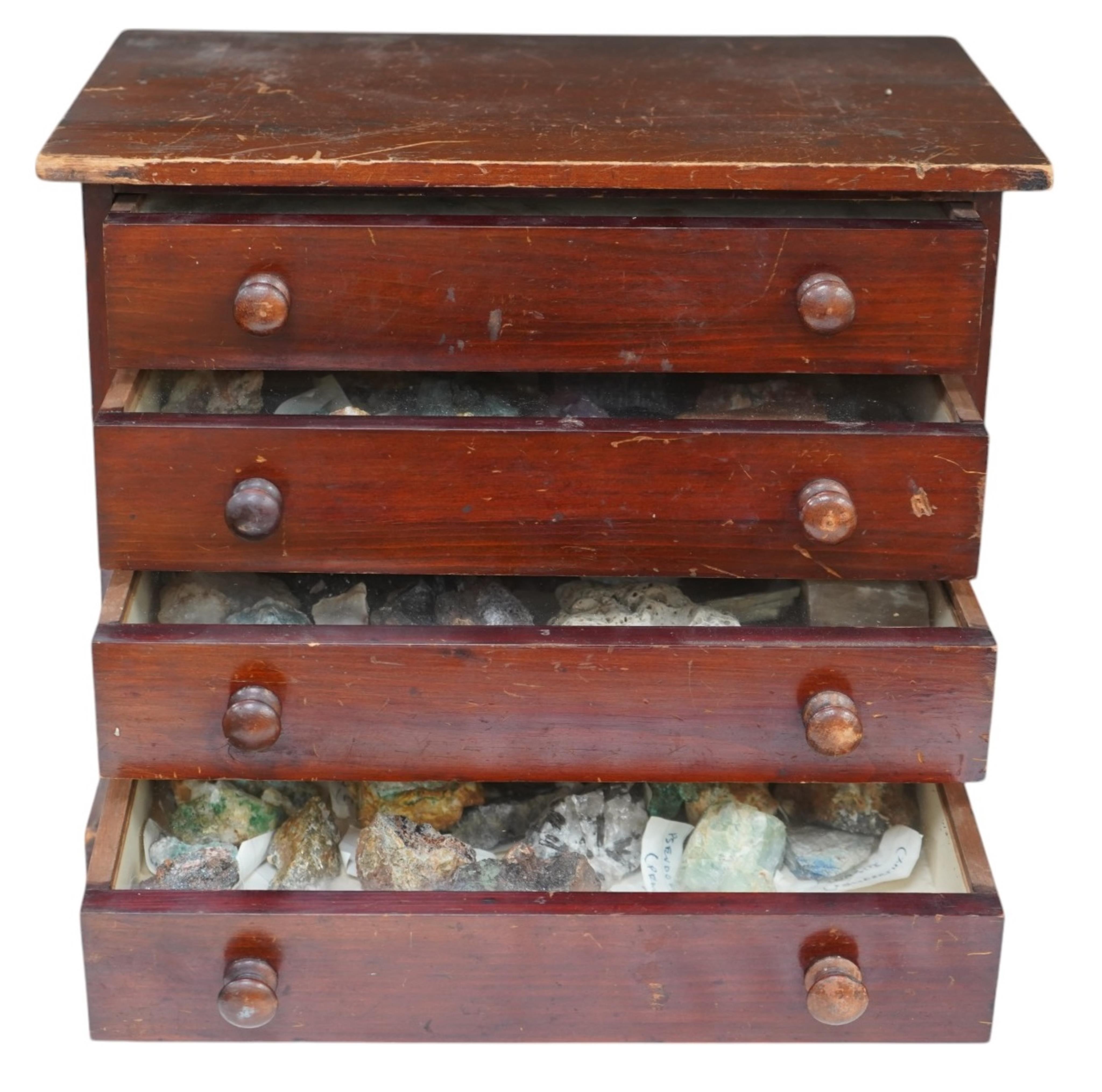 An early 20th century collector’s chest fitted with five drawers filled with mineral specimens and butterflies to include Haematite, Scorodite and Pyrite, 30cm high. Condition - fair